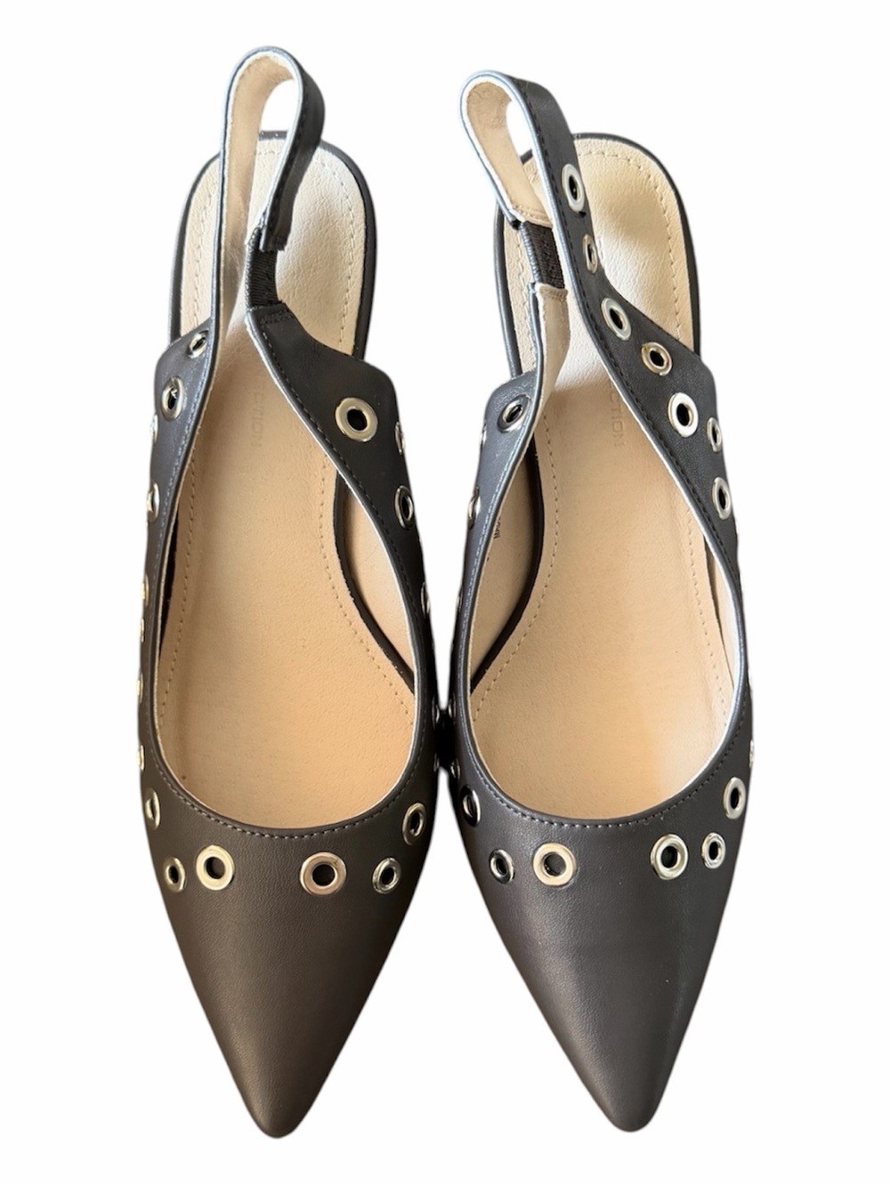 French Connection Rockout Slingback Grommet Heel Pumps Grey 6 Whimsigoth Edgy - Picture 2 of 13